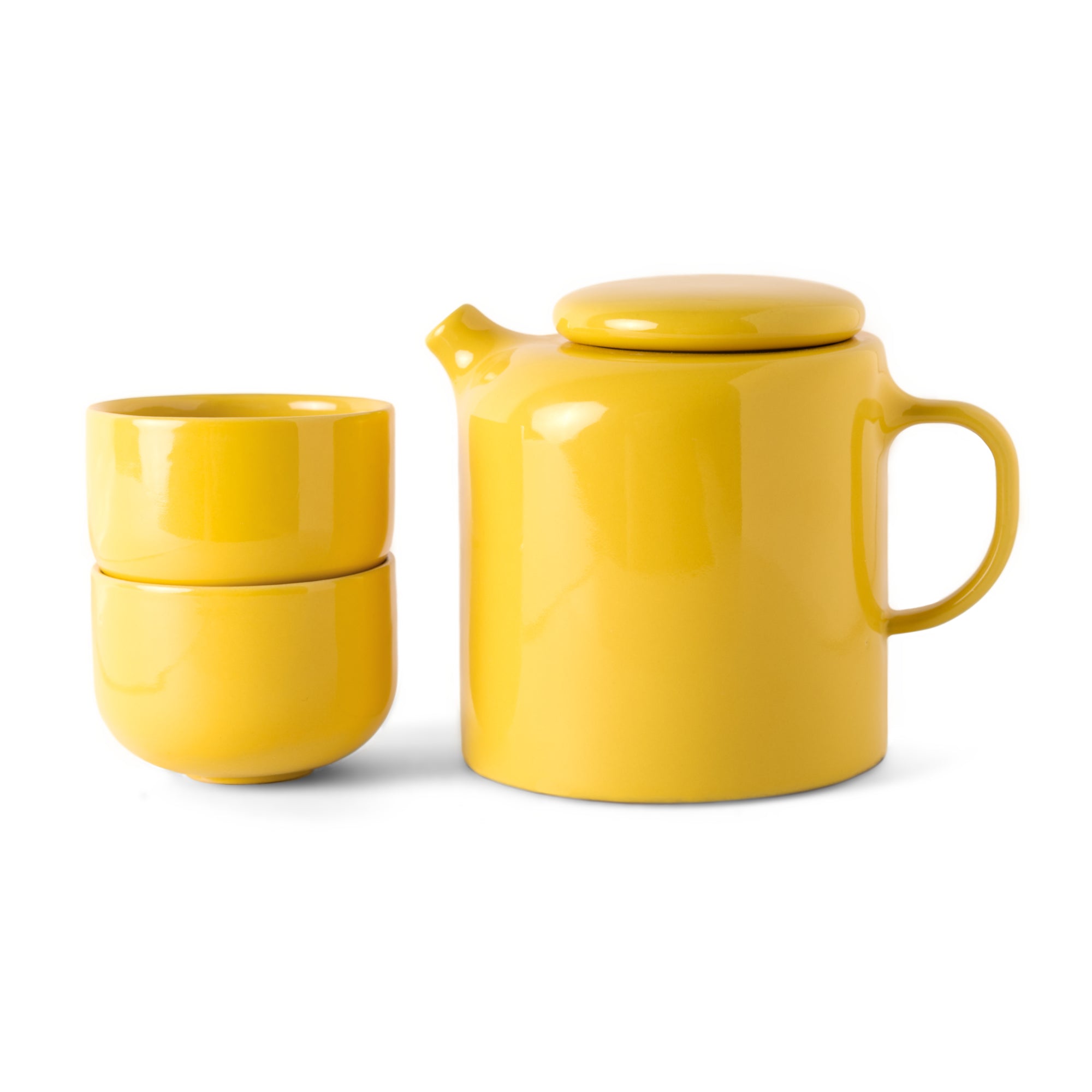 Glossy yellow teapot and two stacked matching cups on a white background